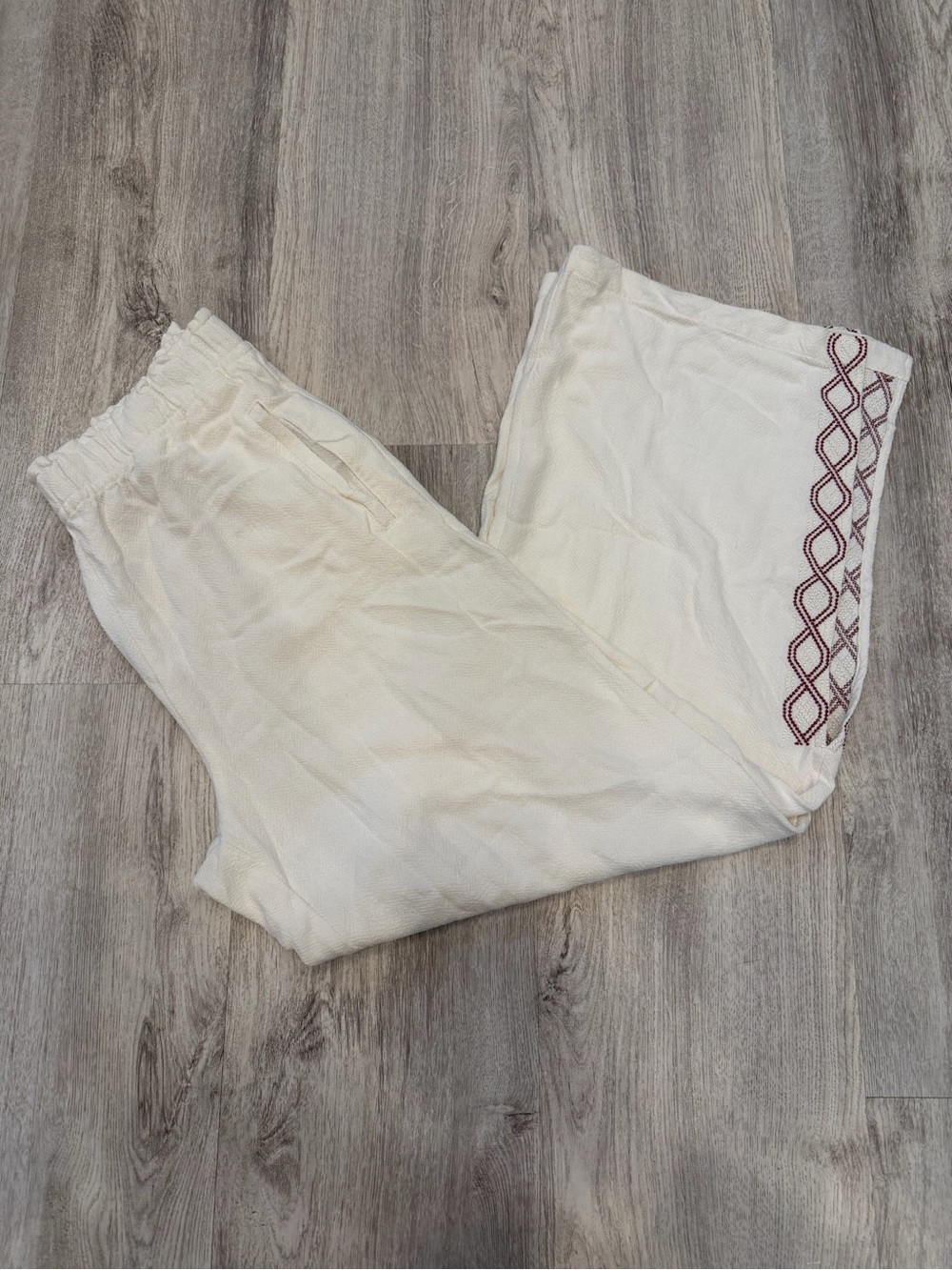 Soft Surroundings Medium Cream Embroidered Wide Leg Linen Blend Pants